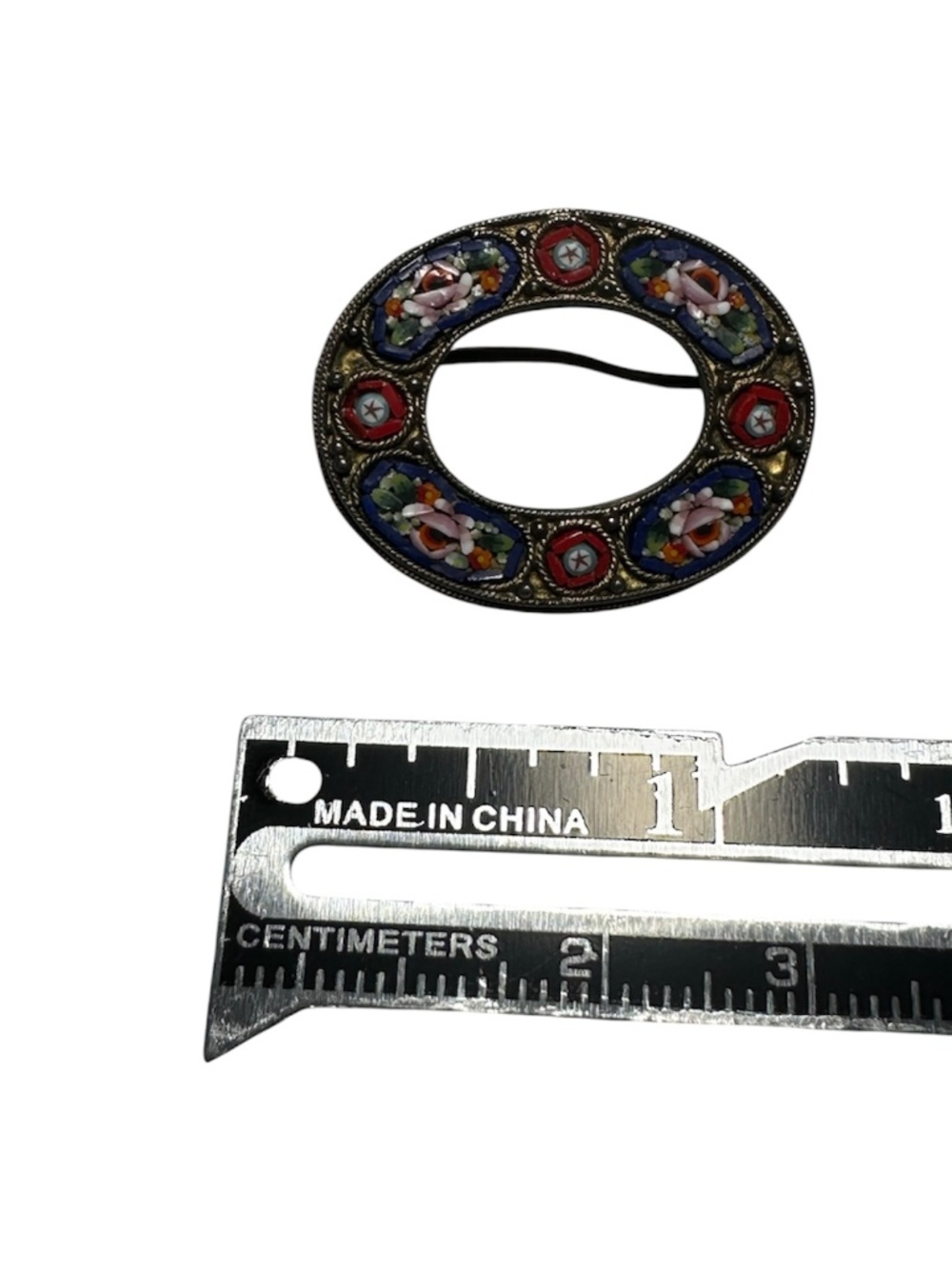 Vintage Italian Micro Mosaic Oval Brooch Pin Made in Italy Floral Mosaic